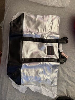 Victoria Secret Silver and Black Tote Bag with Logo Patch
